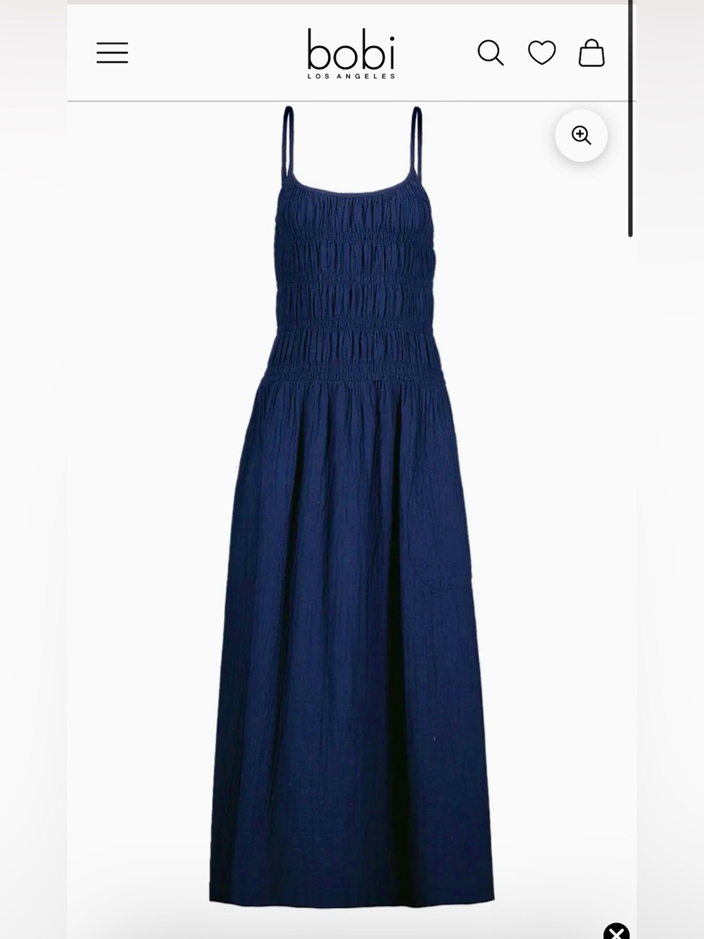 BOBI LOS ANGELES Charlotte Smocked Midi Dress in Navy (size M) LIKE NEW $170